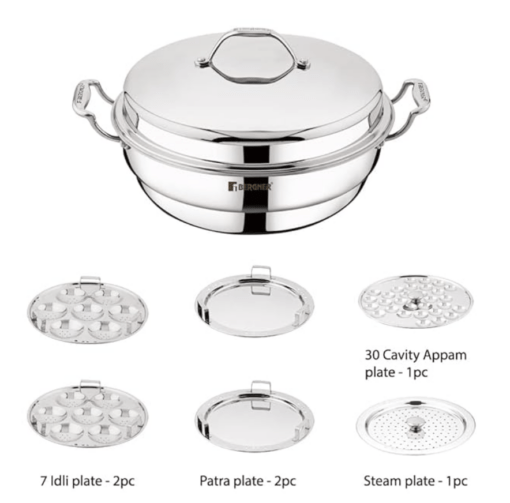 Bergner Argent Triply 28 cm Multi-Kadai, 6.1 L, Stainless Steel Lid & 6X Plate, for Appam/Idli/Modak/Sundal/Momo/, Cool Handles, Induction & Gas Ready, 5-Year Warranty by Bergner - Image 2